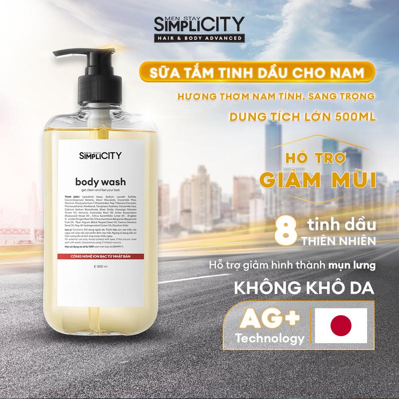 Sữa tắm hỗ trợ sạch khuẩn, khử mùi với Ion Bạc+ hương tinh dầu Men Stay Simplicity Body Wash 500ml
