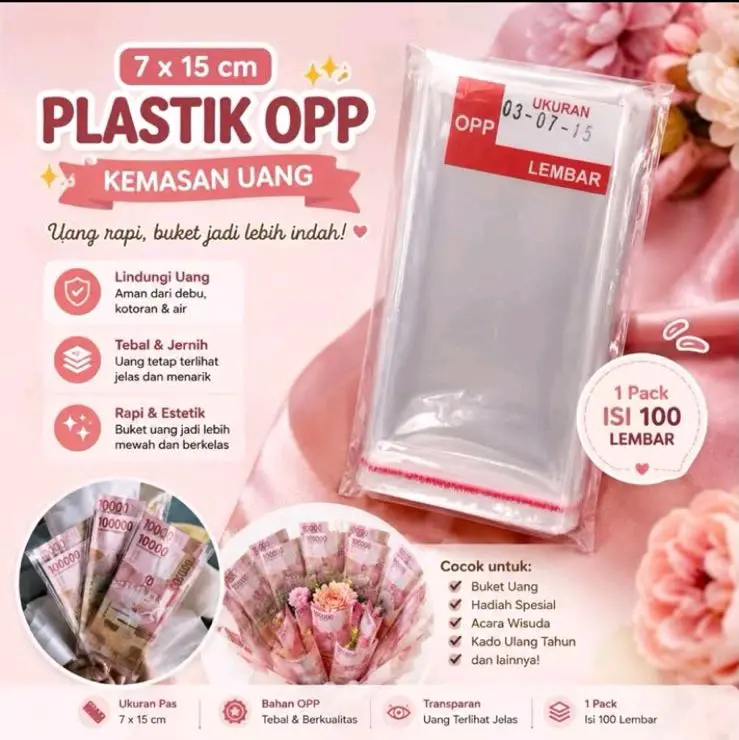 Plastik OPP Kemasan Uang 7 x 15 cm Tebal & Jernih 100 Lembar untuk Buket Uang Hadiah Spesial Acara Wisuda Kado Ulang Tahun