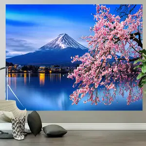 Latar Belakang Dinding Ruang Tamu Gunung Fuji & Bunga Sakura Kain Dekorasi Penginapan Hotel Gaya Jepang untuk Kepala Tempat Tidur Restoran 200cm x 150cm Pola Resolusi Tinggi Warna Cerah Anti Kusut