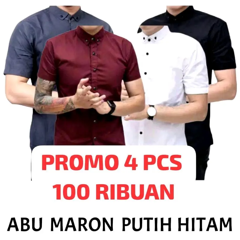 Kemeja Polos Slimfit Pria 4 Pcs Bahan Katun 100% - Hitam/Putih/Maroon/XL - Casual, Formal, Basic slim fit shirt