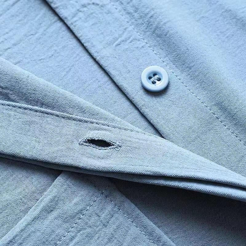 Product Introduction of High quality cross solid color blue Black Kachislin long sleeve pocket hidden door tube dyed buckle elastic waist long pants shirt set long shirt + pants 8