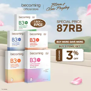 [1 BOX ONLY 10RB/pcs] becoming B3 Sheet Mask Saver Pack | 2% Niacinamide Alpha Arbutin | Bundle Isi 8pcs | Esscence Fask Mask | Masker Wajah Memutikan | Perawatan Melembapkan dan Mencerahkan | Kulit Kusam | Dark Spot | Menutrisi | Menenangkan