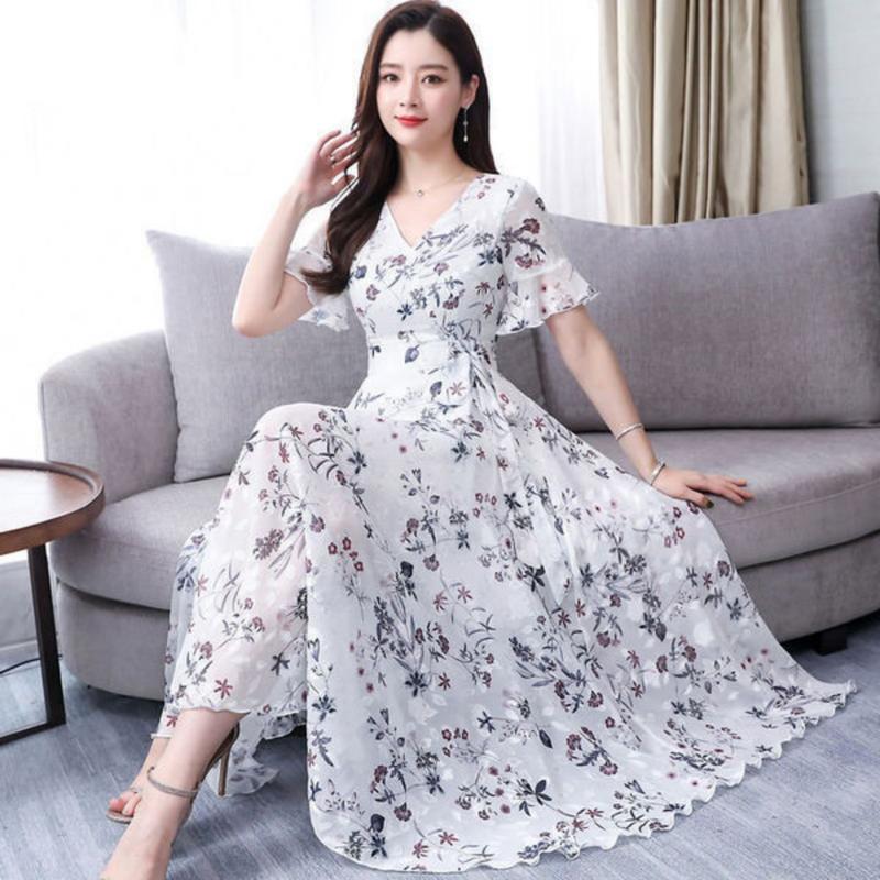 Chân Váy Dài Trung Bình Thiết Kế Hoa, Phong Cách Mới Mùa Hè Cho Nữ, Với Tay Áo Loe, Váy Siêu Thanh Lịch, Ngoại Cỡ, Chân Váy Thắt Lưng Dài, Thời Trang Women Dress Voan Khuy 3
