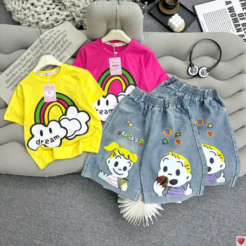   MinMinKid2   18-55kg dưới 1m6  Set áo thun cotton in hoạ tiết CẦU VỒNG đáng yêu phối quần ngố cho bé gái 