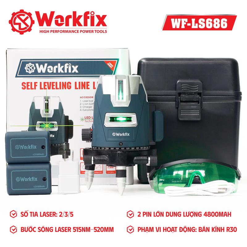 Máy Cân Bằng Laser 5 Tia Xanh Workfix WF-LS686 - Đế Bi NSK - 2 Pin 4800mAh - Đèn Led Siêu Sáng - Bảo Hành Chính Hãng 6 Tháng