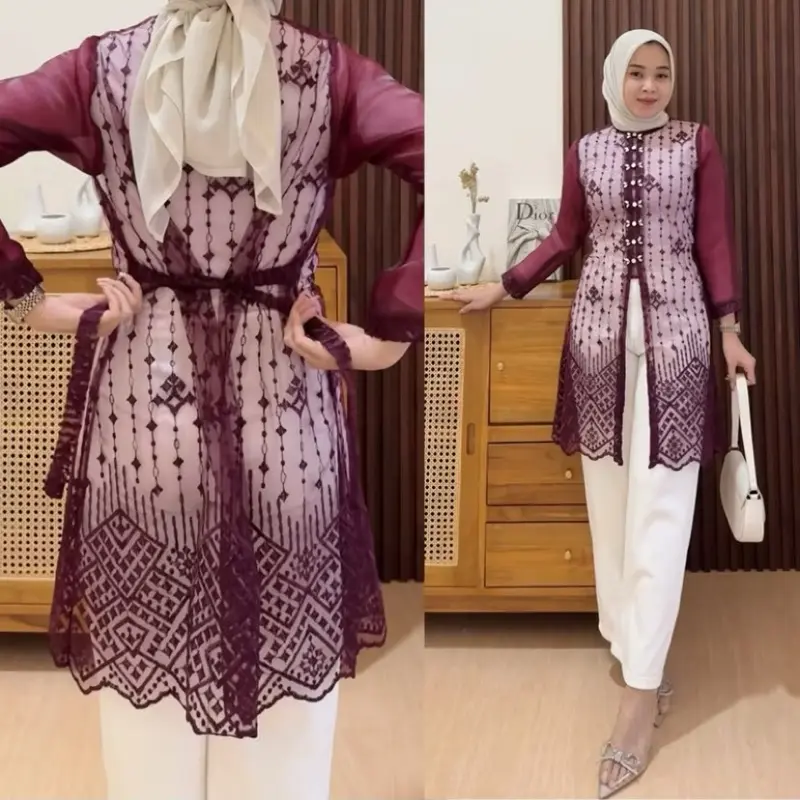￼Hadju Tunik Brukat Bordir Sapto / Tunik Brokat Tali Kancing Mutiara Payet Diamond / Baju Kondangan, Wisuda, Seragaman, Bridesmaids, Pesta, Acara Formal Brokat Panjang Atasan Muslim 1