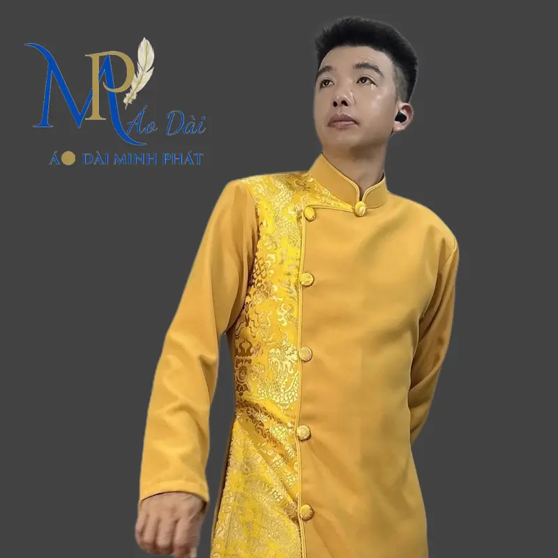 Áo Dài Minh Phát Vải Tuyết Mưa phối Gấm Hoạ Tiết Rồng Vàng  Cách tân cho nam Form Vest sang trọng Với nhiều mầu thích hợp mọi lứa tuổi Menswear 1