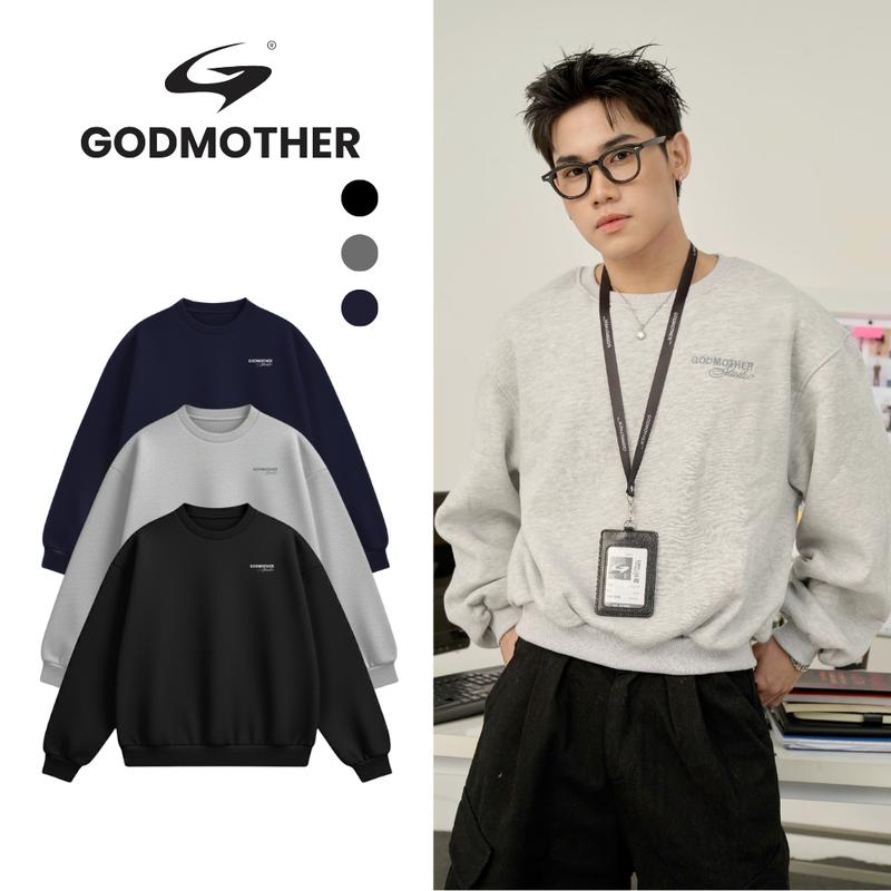 Áo Sweater Trơn GODMOTHER 2025 Nỉ Bông Form Boxy Dáng Lửng Thêu Chữ Godmother Studio 