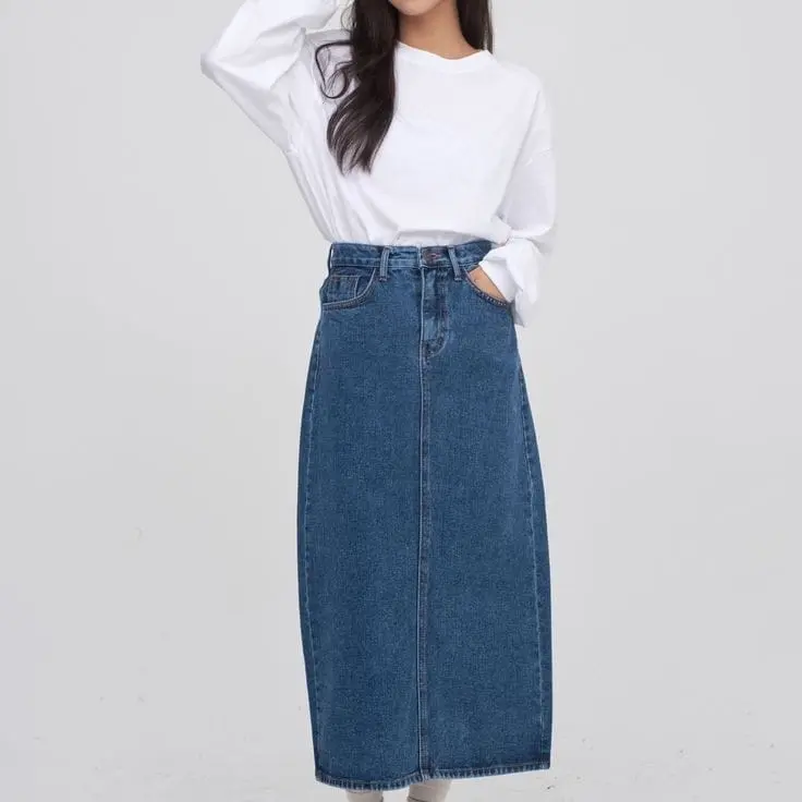 MSSHOP Rok Jeans Denim Streach Melar Nyaman Trendy Panjang Kancing Katun Biru  Casual