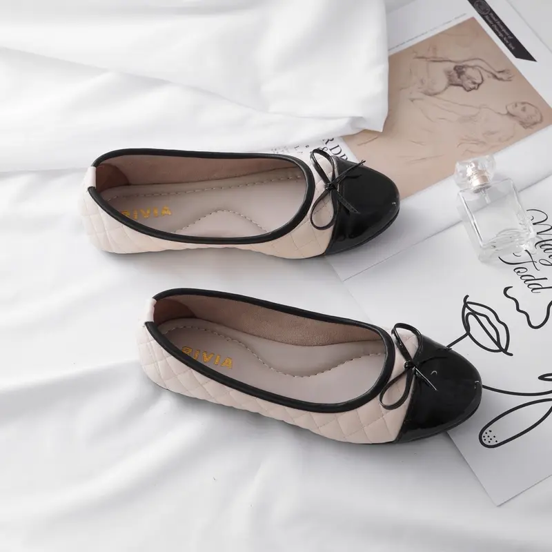 Sepatu Balet Kerja RIVIA Flatshoes Wanita Tali Iket Garis-Garis Empuk Sol Karet Hitam 4