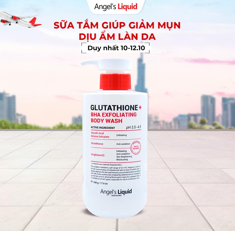 Sữa Tắm Hỗ Trợ Giảm Mụn, Dịu Ẩm Làn Da Angel's Liquid Glutathione + BHA Exfoliating Body Wash 500ML