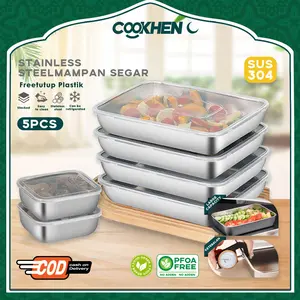 COOKHEN 【Alat makan gratis】304 Crisper Baki Stainless Steel Set 5 Tempat Menyimpan Makanan dan Sayuran danBuah Stainless Wadah Nampan Kitchenware