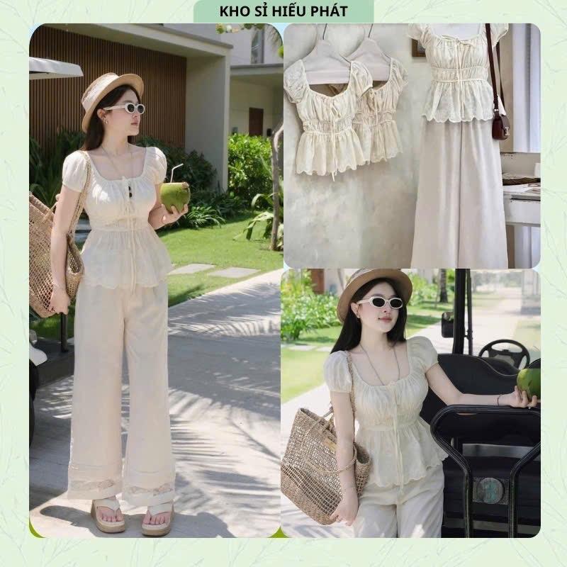 Set Áo Ren Boi Cổ Vuông Tay Ngắn Phối Quần Xuông Kem Nhẹ Nhàng Xinh Xắn by Hp