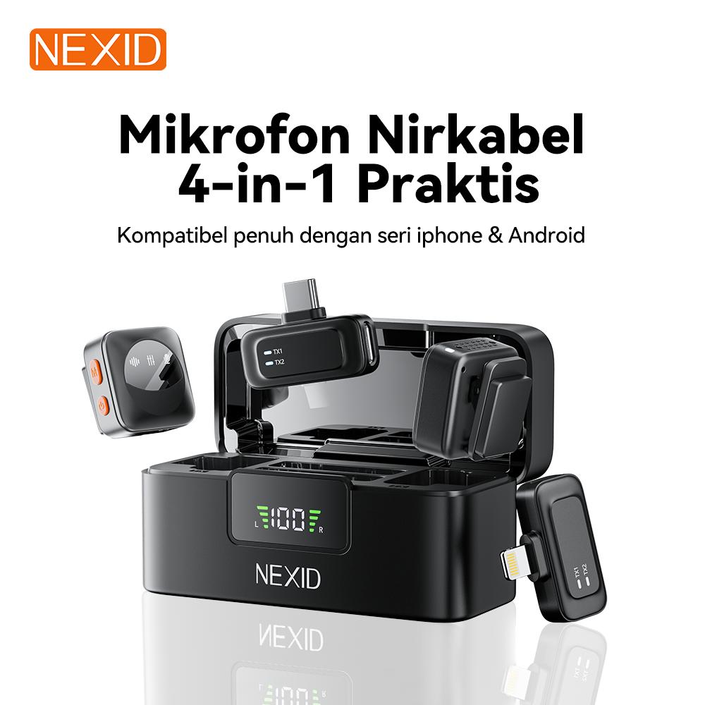 NEXID Wireless Microphone 2-In-1 Clip On Profesional Mic Magnetic Mikrofon Play dengan Charging Case Dual Lavalier Magnetic Plug Play Live Stream HP Plug Play Peredam Kebisingan 2 Mic untuk Recording Video Untuk Live TikTok YouTube