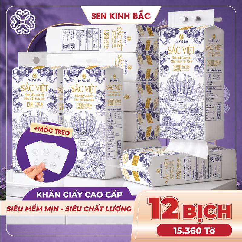 [ 12 BỊCH -  BẢN LỚN ] Giấy Treo Tường SẮC VIỆT 1280 Tờ 320 Lần Rút - 4 Lớp Mềm Mịn, Kích Thước 175*155mm, Thương Hiệu Sen Kinh Bắc - Thành Phần Bột Gỗ Tự Nhiên 100% , An Toàn Lành Tính.