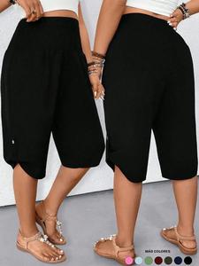 Pantalones capri casuales mujer, control de abdomen, cintura alta, pierna ancha; dobladillo con botón; pantalones cortos verano para playa, descanso diario; color negro, elásticos, suaves, transpirables; ideal para primavera 2026; tallas grandes.