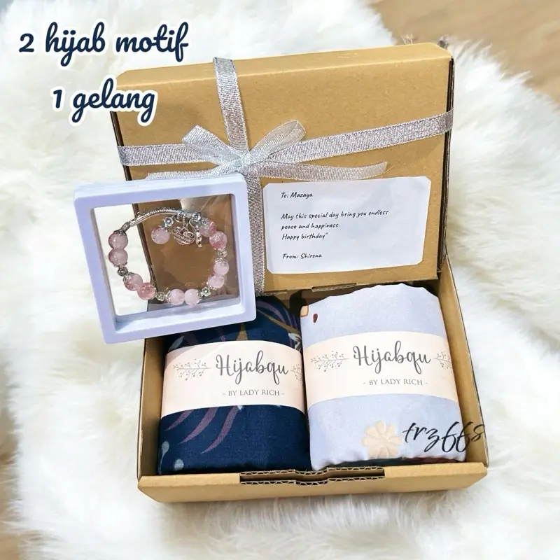 ￼Hampers Hijab Premium Motif Segiempat 115x115 Hijabqu By LADY RICH / Giftbox / Kado Ulang Tahun / Kado Wisuda