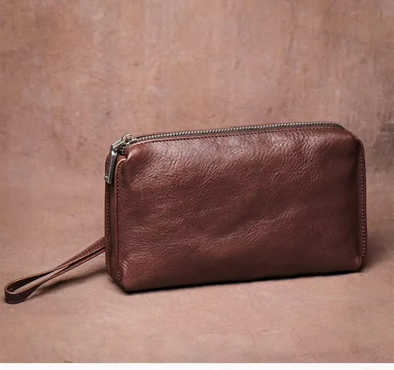 Tas Genggam Kulit Simple Pria Kulit Asli - Dompet Panjang Pria - Tempat Kartu & Ponsel Kulit Asli