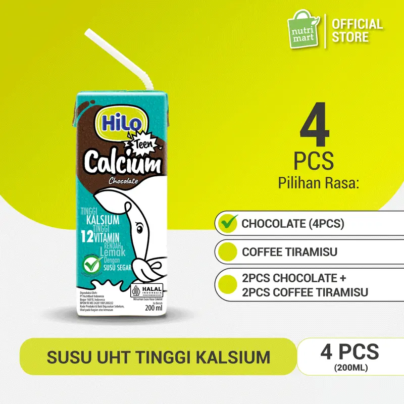 HiLo Teen UHT Ready to Drink Milk 200ml (4pcs) – Chocolate / Coffee Tiramisu - Susu Tinggi Kalsium Lebih Rendah Lemak 0