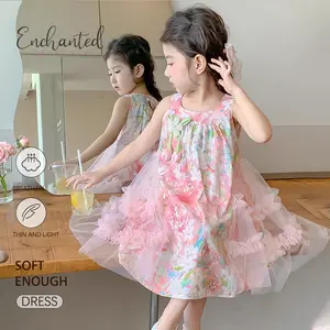 [Enchanted Princess] 2-11 tahun Gaun Putri Anak Perempuan Gaun Jala Merah Muda Tanpa Lengan Gaya Korea Fashion