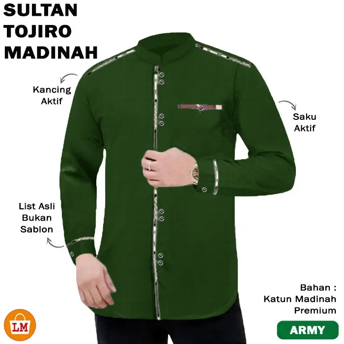LM 23335 Baju Koko Pria Terbaru 2021 SULTAN TOJIRO TERMURAH TERLARIS - Army, M Kancing Katun