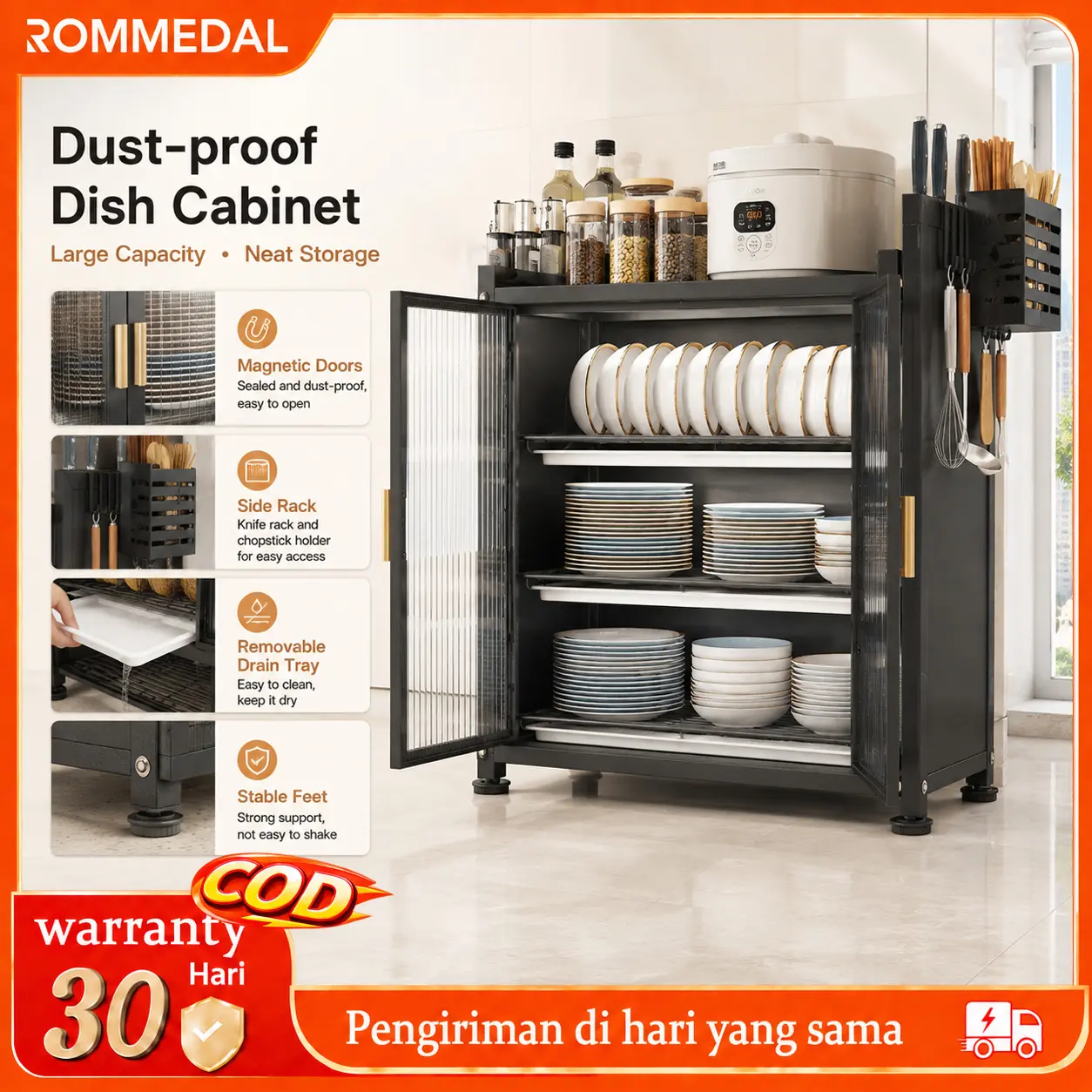 Rommedal Rak Piring Dapur Tertutup Anti Debu, Lemari Piring Multifungsi, Rak Penyimpanan Piring Mangkuk & Peralatan Makan