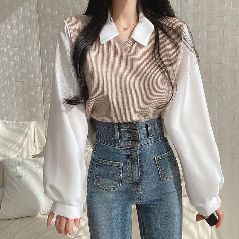 Uniqueestore BJ1567 Baju Atasan Lengan Panjang Kemeja Rajut Blouse Rib Knitwear Wanita Korean Vintage Style Top Casual Cewek Dewasa knit Basic 3