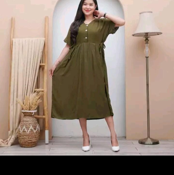 Daster Rayon Polos Chibi Busui Frenly Nyaman Dress adem rayon premium Kancing Karet Pendek Simple gaun tidur Panjang Midi Katun Samping Basic Kain Merah Kimono Pantai 2