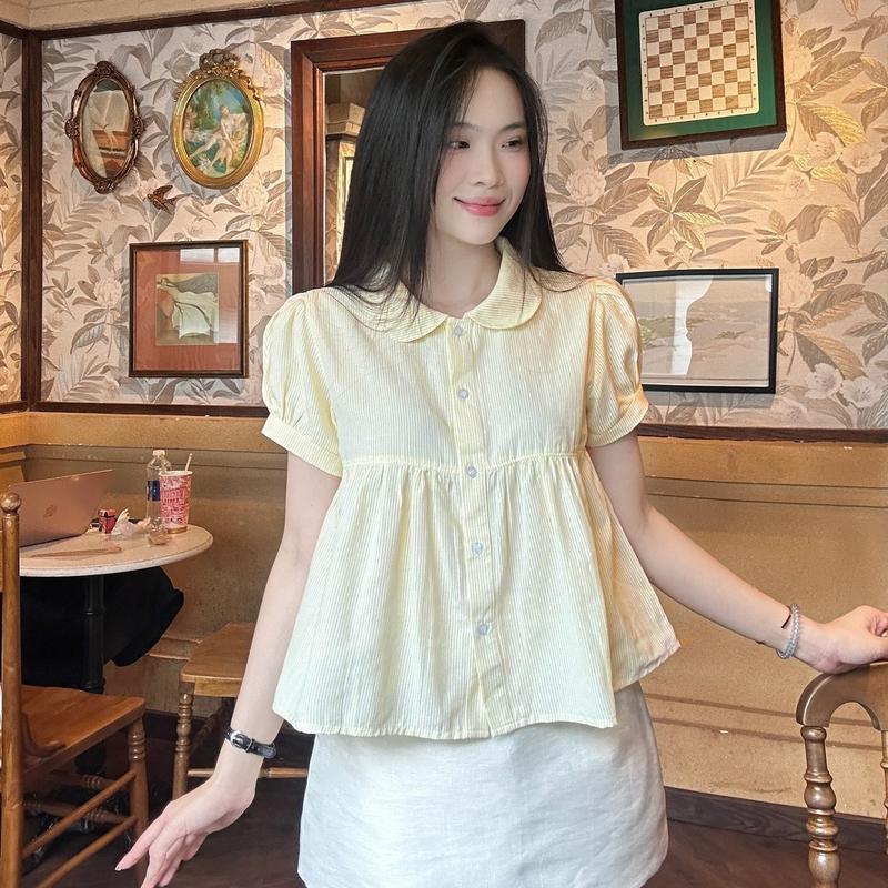   5 Size  Áo sơ mi babydoll cổ sen dáng sọc  trẻ trung LAMO - B1467 