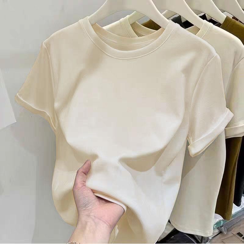Áo Thun Ngắn Tay 100% Cotton Nguyên Chất, Màu Trơn Dành Cho Nữ, Dáng Rộng Rãi Và Dễ Phối Đồ, Cổ Tròn, Đế Vai Trước, Thích Hợp Cho Mùa Hè, Áo Trên 0