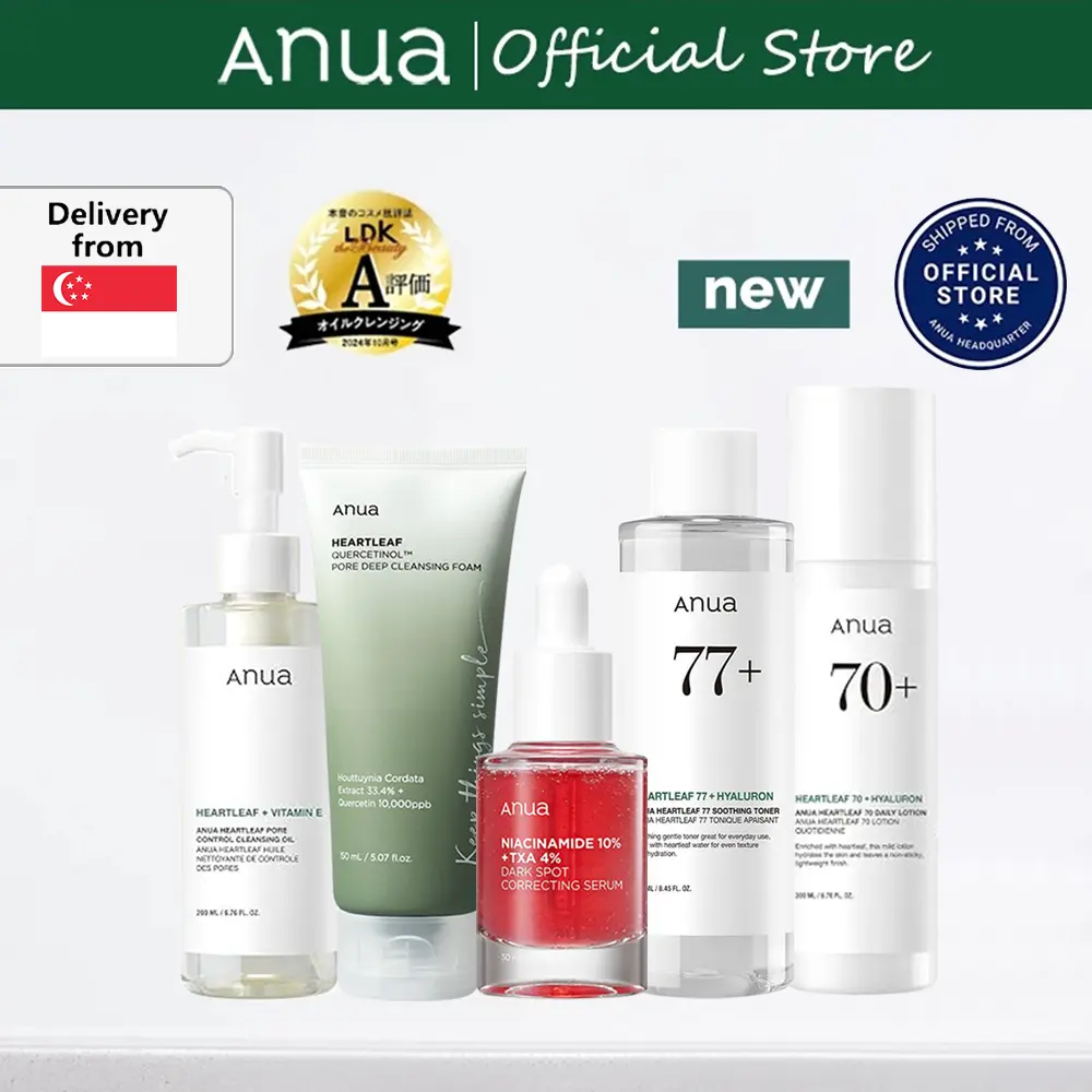 [100% Original]Brighten Skincare Set Anua Cleansing Oil + Cleanser  Pore Deep Cleansing Foam +Heartleaf 77% Soothing Toner+ Niacinamide 10% Dark Spot Correcting Serum 30ml