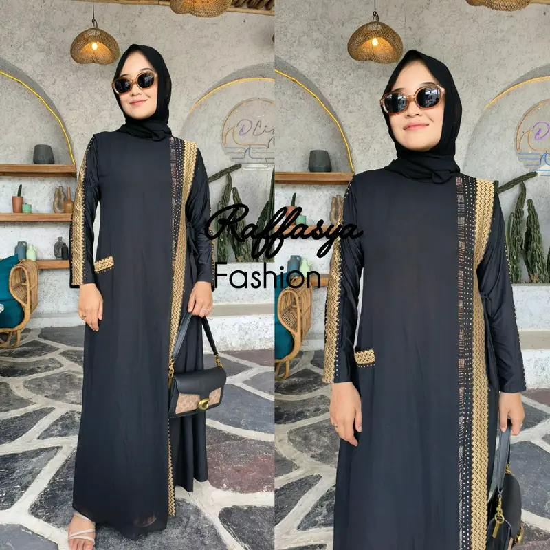 GAMIS ABAYA TURKEY CERRUTY KELILING BORDIR DEPAN BELAKANG SEAN GOLD DAN FULL HITAM 0