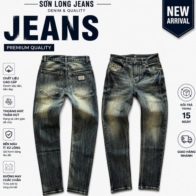 SL14 Quần Jean Nam Xanh Bụi Dập Nhăn Hoạ Tiết Túi Tag Logo Chất Co Giãn Ngang Ống 15-18cm Freeship Năng Động Khỏe Khoắn Mạnh Mẽ