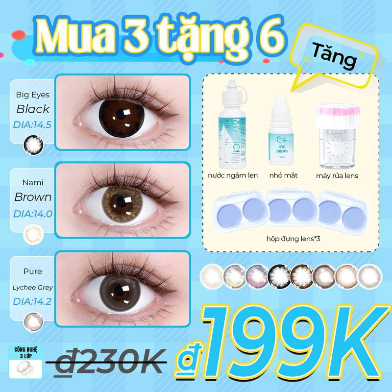 [mua 3 tặng 6] Kính áp tròng Mysticeyes, 0 độ, DIA 14.0-14.5mm; 3 cặp lens + 1 nước ngâm lens 60ml + 1 nước nhỏ mắt + 1 máy rửa lens + 3 khay đựng lens