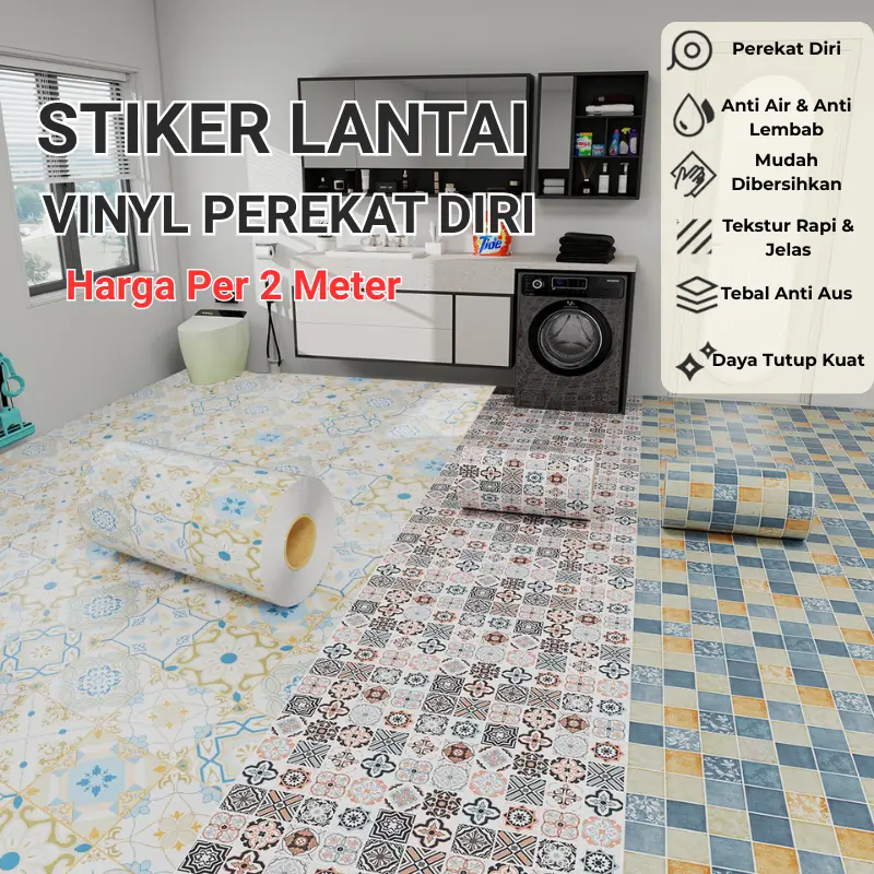 Stiker Lantai Tempel Keramik Anti Licin Perekat Diri 61x200cm PVC Tebal Tahan Air Tahan Minyak Tahan Gores Mudah Dibersihkan Wallpaper Kamar Mandi Dapur Balkon Motif Nordik Aesthetic