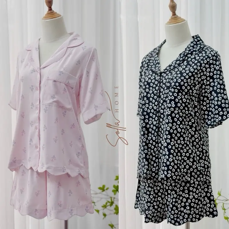 SOLLA HOME - Bộ Pyjama Mặc Nhà Nữ Quần Đùi Cách Điệu Chất Lụa Không Nhăn