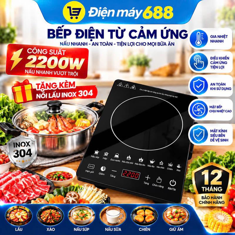 Bếp Từ SUNHOUSSE Cảm Ứng K KÈM NỒI,BẾP CHỈ DÙNG NỒI INOX, Công Suất 2200W, Làm Nóng Nhanh, Nấu Ăn Tiện Lợi Phù Hơp Mọi Gia Đình, Bảo Hành 1 Năm