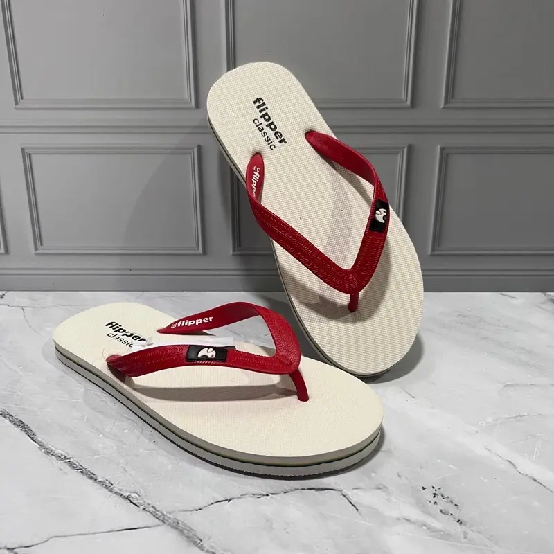Big Ramadan Sale!! Sandal Jepit Karet Filpper Fipper Flipper Basic Putih Stripe Pria Wanita Merah
