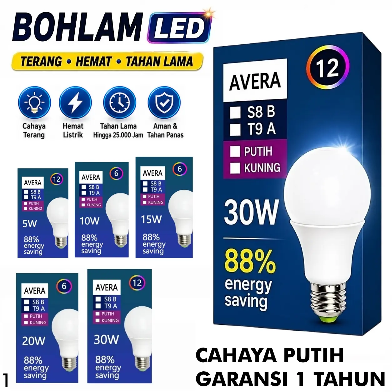 Lampu Bohlam Led 5 Watt 10 Watt 15 Watt 20 Watt 30 Watt Putih Kuning