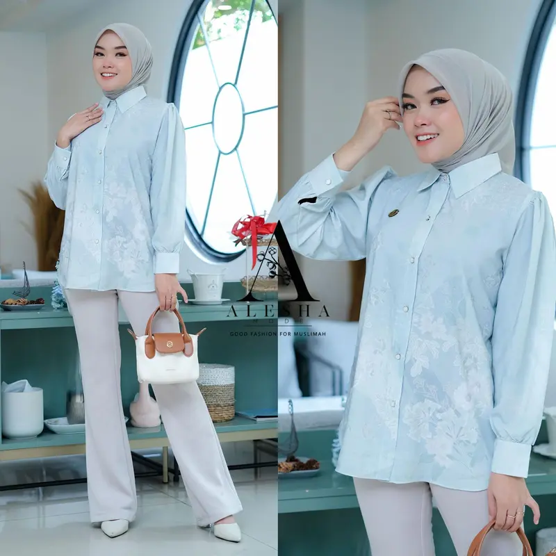 Blouse Tunik Silk Silky Premium Motif Etnik Monogram by Alesha Mode - RANISYA - Lembut, Muslim, Busui 6