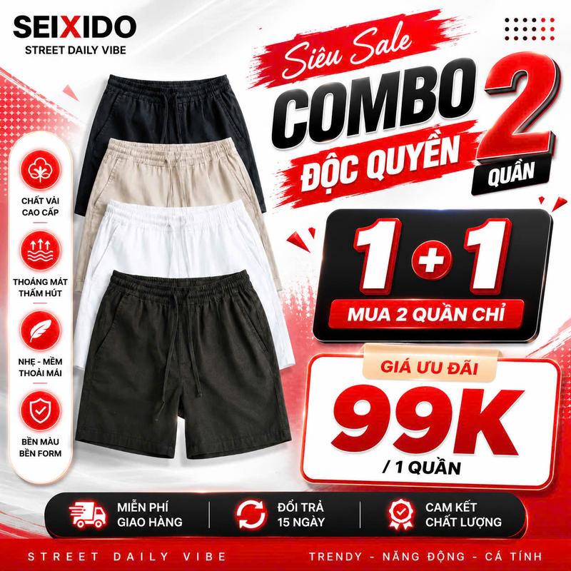 [DEAL MỞ BÁN] Quần short kaki nam SEIXIDO vải kaki cao cấp co giãn, không nhăn, mềm mịn, thoáng mát N050
