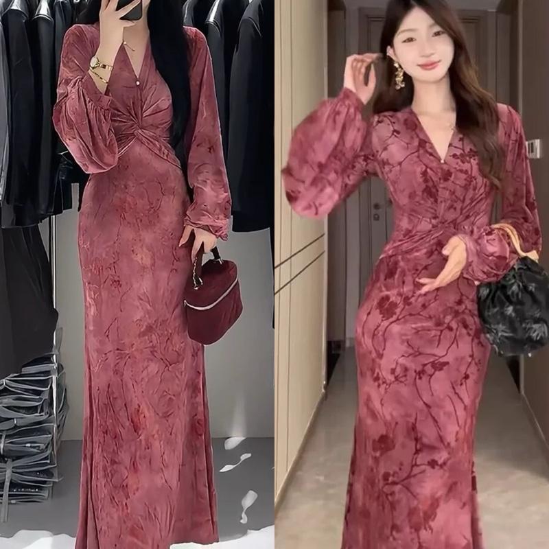 SIMIHOUSE VÁY BODY XOẮN NGỰC TAY BỒNG V52 THUN ÉP NHUNG CAO CẤP Đầm body đi tiệc xoắn ngực thu đông form suông size S M chiều dài 126-127cm cho cân nặng 40-59kg