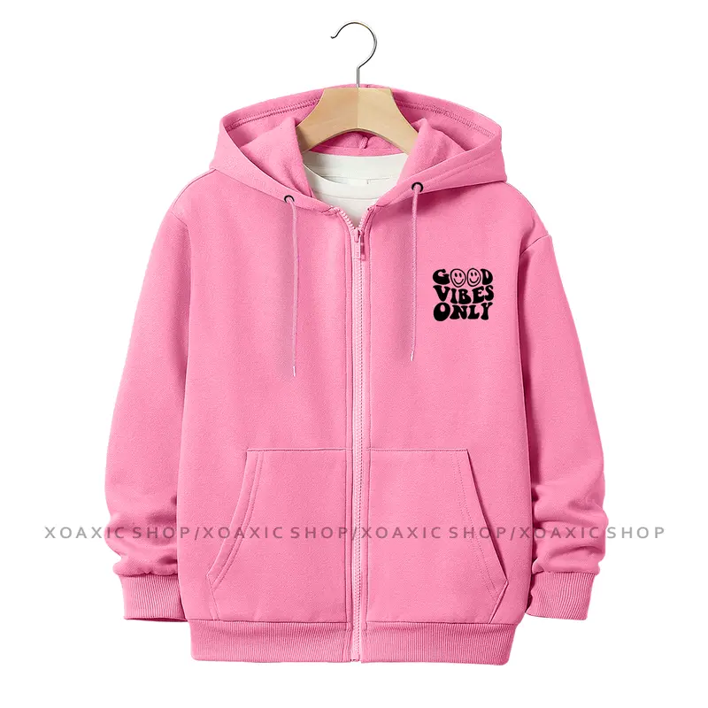 Jaket Hoodie Zipper Anak Laki-laki/Perempuan Usia 3-13 Tahun Motif Sablon GOOD VIBES ONLY Bahan Fleece Tebal Premium Fashion Bulu 3