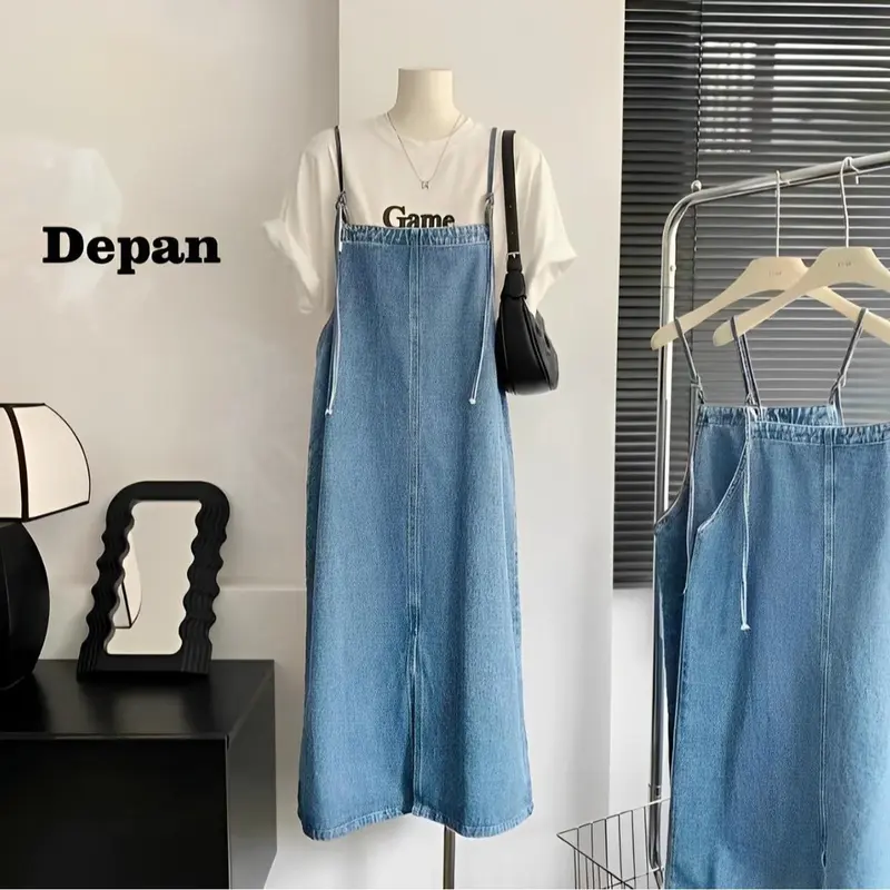 Overall Jeans Wanita Dress Korean Style Skirt Midi Long Rok Denim Casual Retro Panjang Dewasa Simple Remaja 2