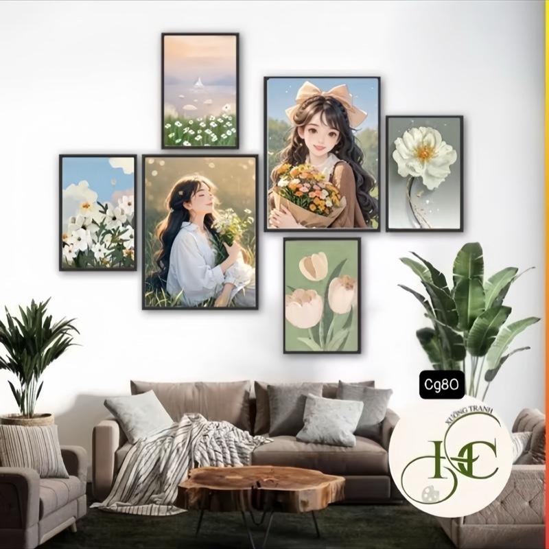 HC - Bộ 6 tranh decor phòng tranh fomex 5mm cán bóng bền màu dán tường siêu dính trang trí phòng khách phòng ngủ trang trí quán cà phê kèm băng keo