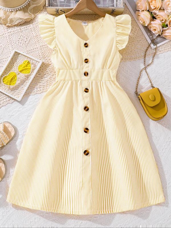 Girl's Striped Print Button Decor Ruffle Trim Dress, Casual Short Sleeve Collar Dress for Summer, Kids Clothes for Daily Wear 1
