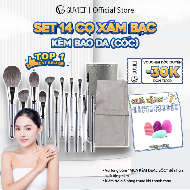 Bộ cọ trang điểm cá nhân GUVIET Cosmetic set 14 cây màu xám bạc có bao da
