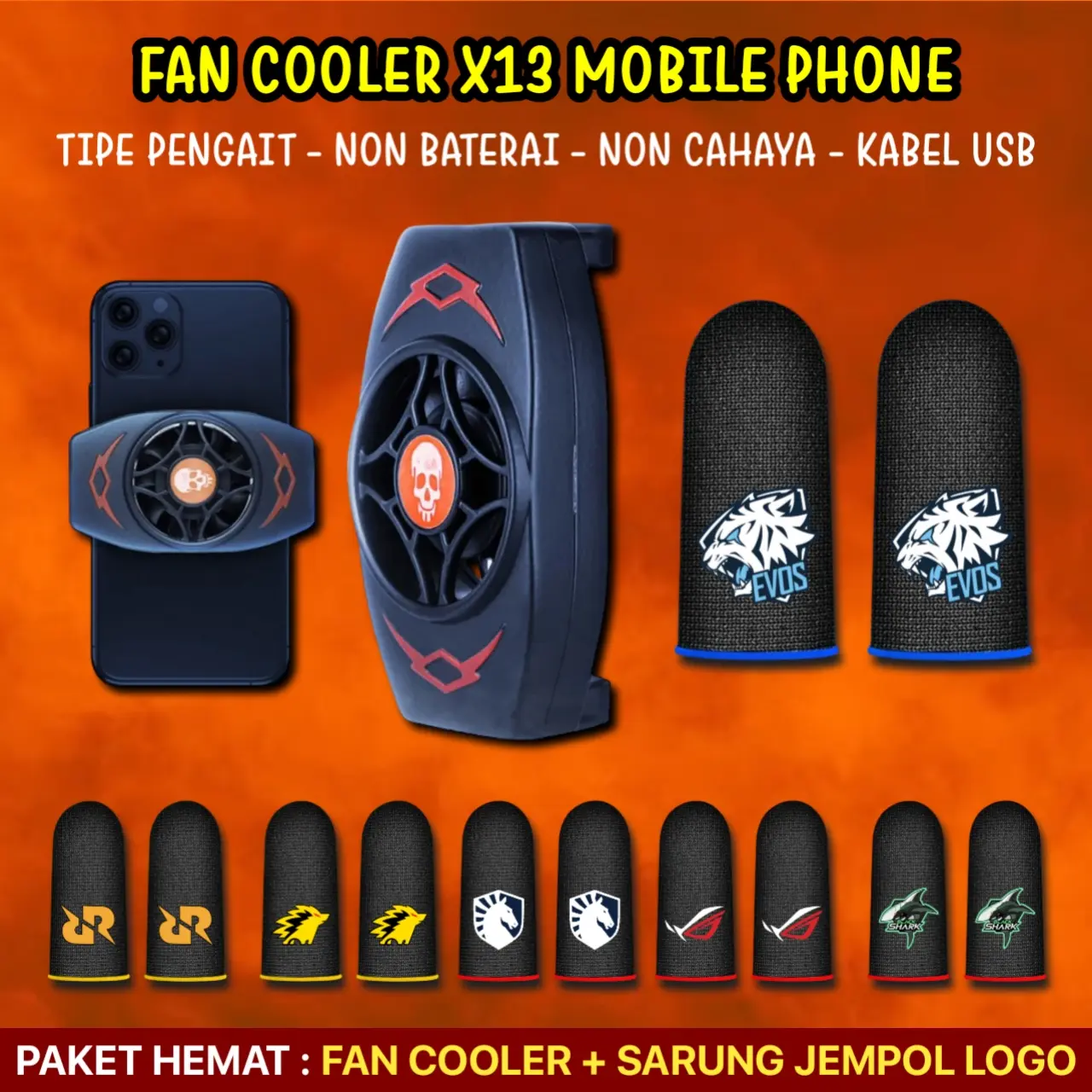 PAKET HEMAT X13 | FAN COOLER & SARUNG JEMPOL LOGO MOBILE PHONE X13 FUNCOOLER KIPAS GAMING PENDINGIN SUHU HP FAN COOLING