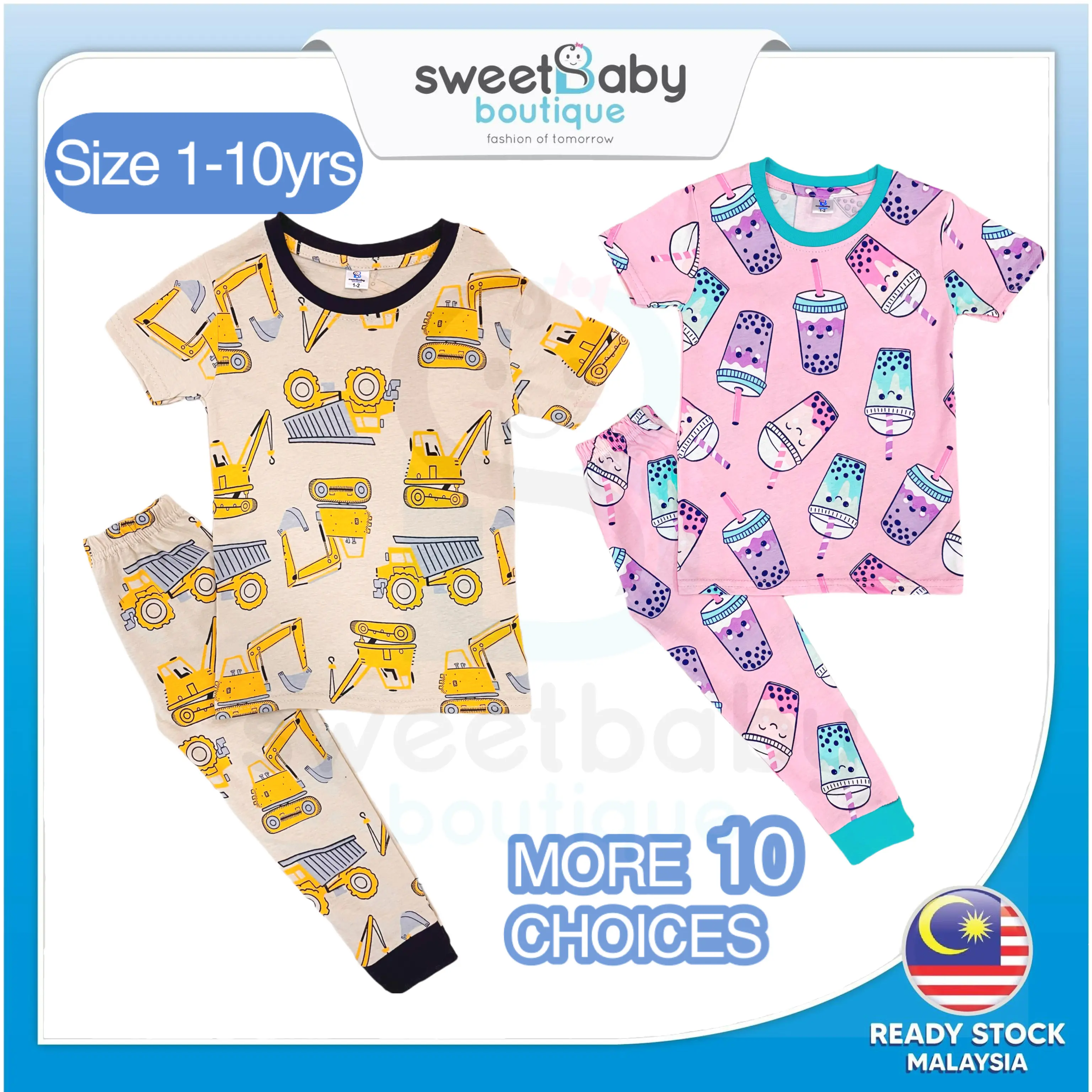 SWEETBABY Set Baju Budak Lelaki Perempuan Kids Pyjamas Boy Girl Sleepwear Nightwear Baby Playset Clothing T-Shirt Murah Cotton Child