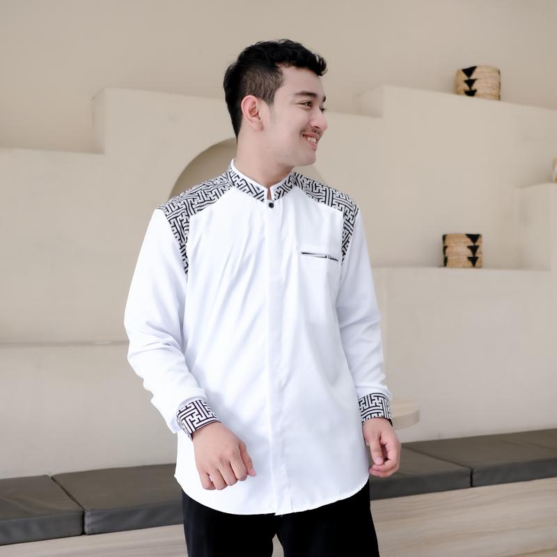Baju Koko El Rumi Araseo Lengan Panjang Kombinasi Batik Putih Kain Katun - Pria, Muslim 7